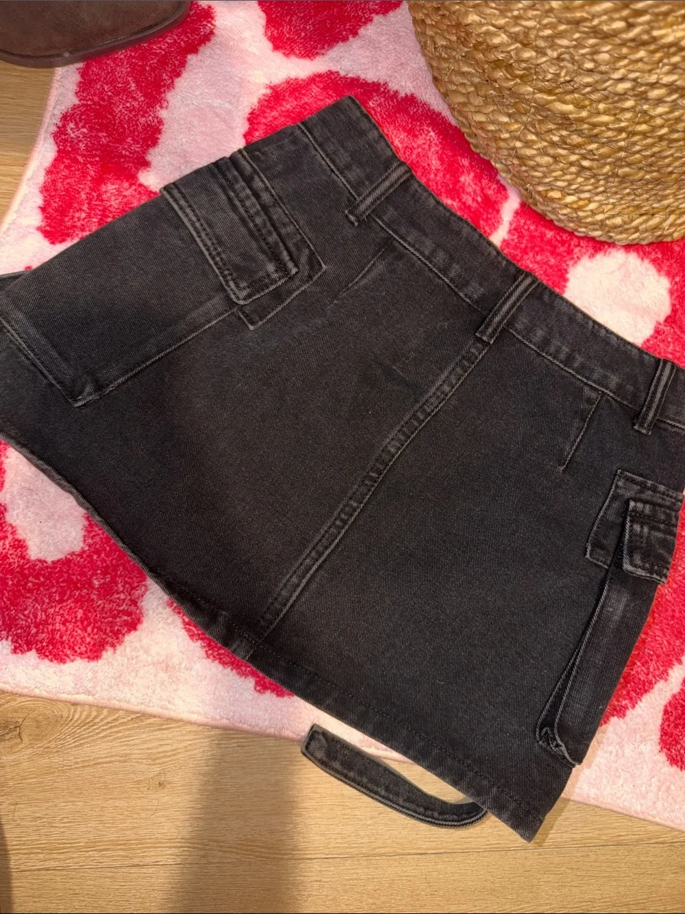 Black Cargo Denim Mini Skirt with Utility Straps